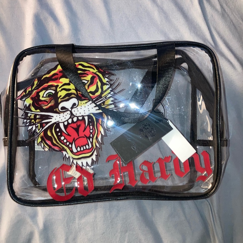 Ed Hardy Clear Toiletry Bag with Red Logo and Multicolor Tiger